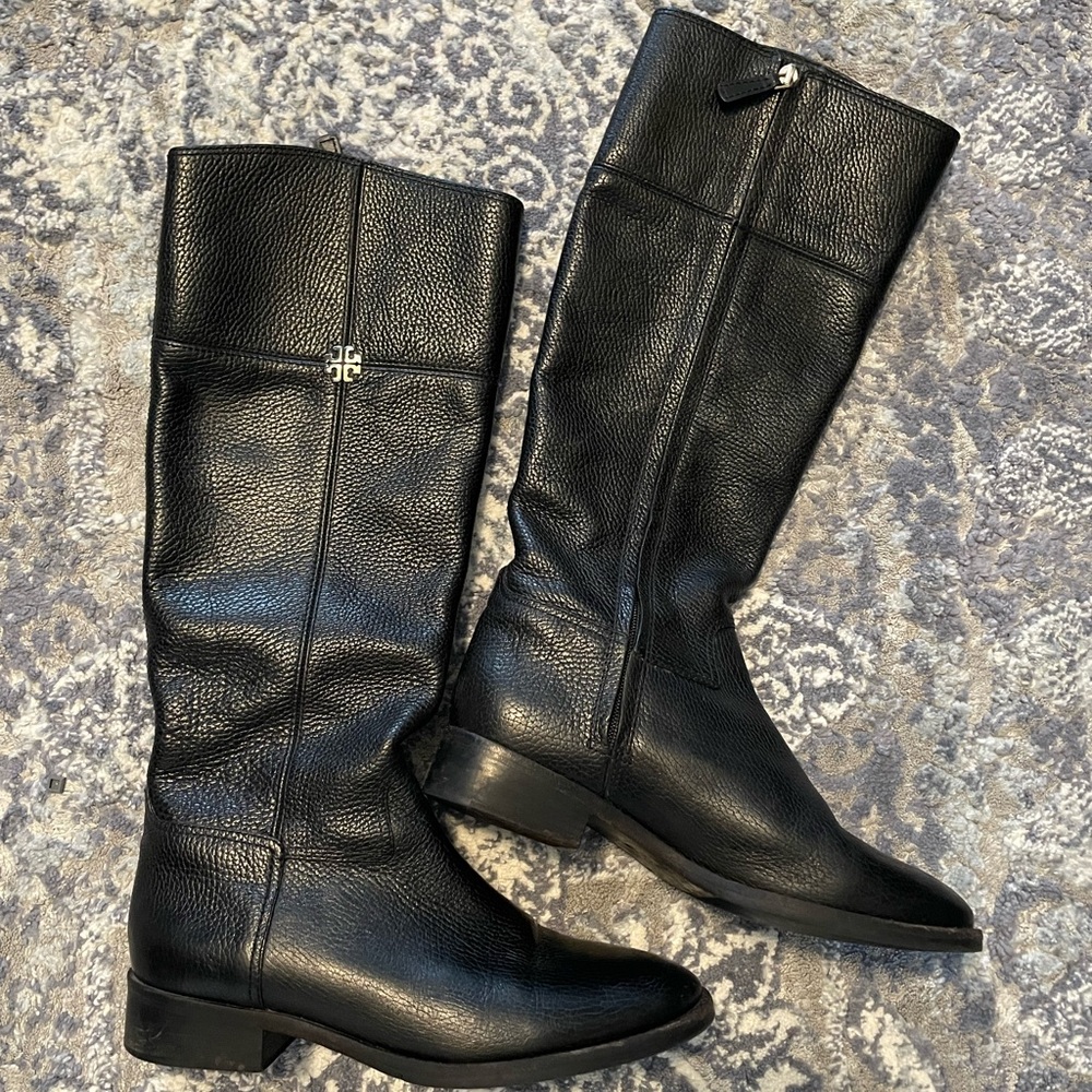 Women's Tory Burch 31192 Leather Jolie Riding  Boots, Black Size 9